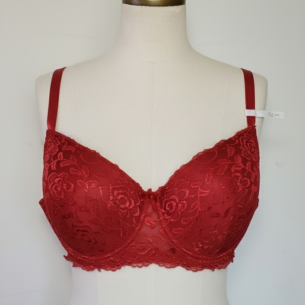 French Affair 40D FA Push Up Bra Burgundy Floral Lace Molded Cup Underwire Strap